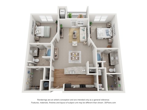 Floor plan for 2 beds, 2 baths, 1151 sqft